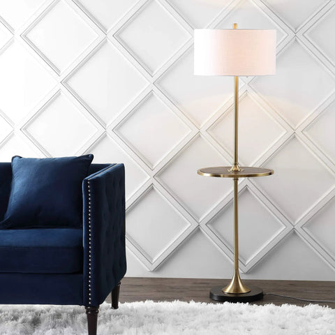 59 Inch Black And Brass Gold Floor Lamp With Integrated Wood Side Table next to a blue sofa in a living room.