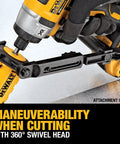 DeWalt metal shear/cutter drill attachment with 360° swivel head, yellow and black, shown mounted on a drill