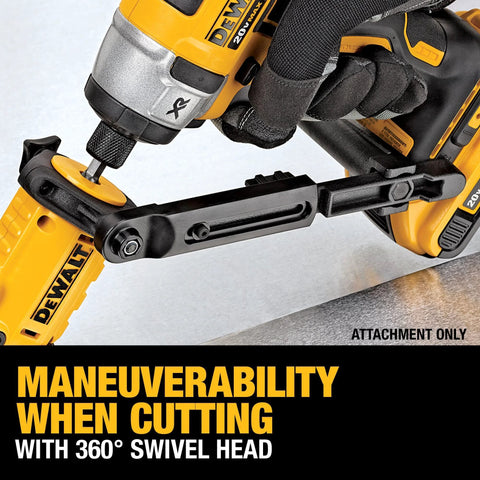 DeWalt metal shear/cutter drill attachment with 360° swivel head, yellow and black, shown mounted on a drill