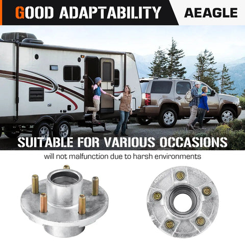 Five Hole Four And A Half Inch Bolt Circle Hot Galvanized Idler Hub Kit For A Three Thousand Five Hundred Pound Boat Trailer Compatible With One And One Sixteenth To One And Three Eighths Inch Tapered Axle Inner And Outer Cone Bearings, showing front and back views against a trailer backdrop