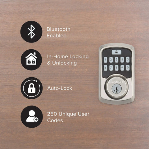 Aura Bluetooth Programmable Keypad Door Lock Deadbolt With SmartKey Security displaying features on wood background.