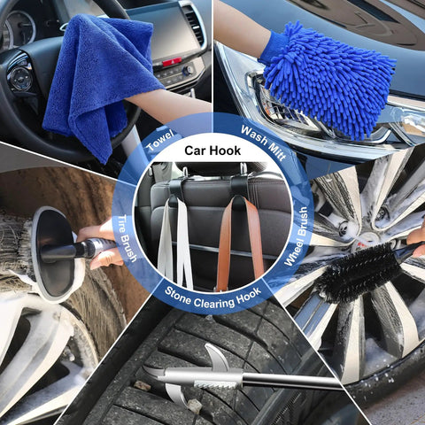 Pro Grade 42 Piece Car Wash Kit With Foam Gun Sprayer and tools like towel, wash mitt, tire brush, wheel brush, and car hook in use