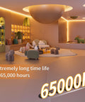 Lit 2700K COB LED Strip Light Kit With 16.4 Ft Of Dimmable Warm White LEDs in modern living room, 65000H lifespan highlighted