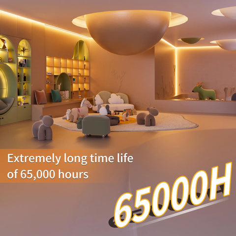 Lit 2700K COB LED Strip Light Kit With 16.4 Ft Of Dimmable Warm White LEDs in modern living room, 65000H lifespan highlighted