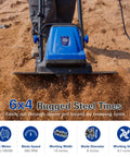 Close-up of Powerful Corded Garden Tiller Cultivator with 14 Amp Motor in action, showcasing 6 steel front tines digging