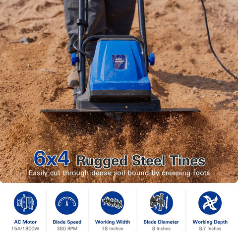Close-up of Powerful Corded Garden Tiller Cultivator with 14 Amp Motor in action, showcasing 6 steel front tines digging