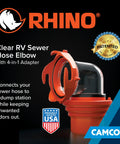 RhinoFlex Clear RV Sewer Hose Elbow With 4 In 1 Adapter odor-tight seal, clear plastic 90-degree dump station connector