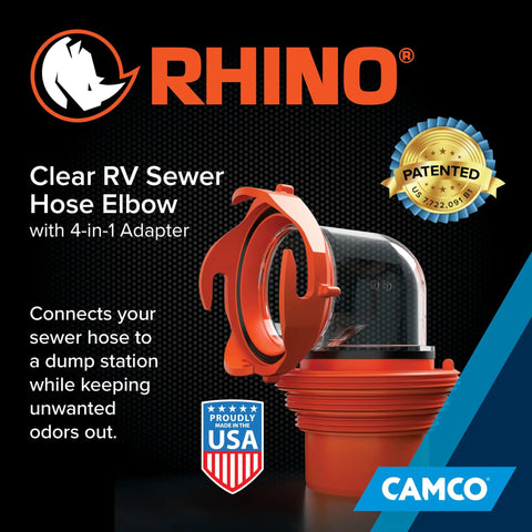 RhinoFlex Clear RV Sewer Hose Elbow With 4 In 1 Adapter odor-tight seal, clear plastic 90-degree dump station connector