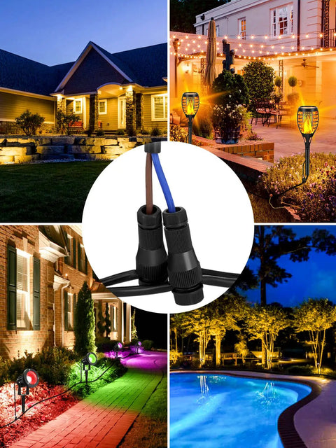 Fastlock Outdoor Low Voltage Landscape Light Connectors 16 Pack for Easy Install shown with garden pathway lighting at night