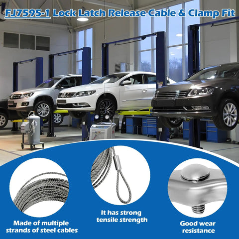 Heavy Duty Lock Release Cable And Fixture Kit for Rotary Two Post Lifts in garage with cars raised on lifts