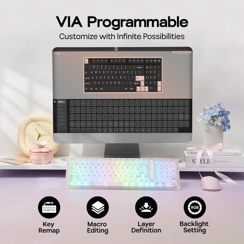 Beast Mode Wireless Mechanical Gaming Keyboard With a Slick 96 Percent Compact Layout and Ergonomic Build for Custom VIA Profiles Lightning Typing and Zero Lag Gameplay Right Out the Gate displayed on a desk with a colorful backlight.