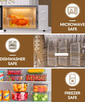 Airtight 50 Piece Food Storage Set With Lids For Meal Prep, Leak Proof BPA Free Plastic Containers showing microwave, dishwasher, freezer safe icons.