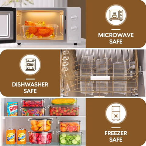 Airtight 50 Piece Food Storage Set With Lids For Meal Prep, Leak Proof BPA Free Plastic Containers showing microwave, dishwasher, freezer safe icons.