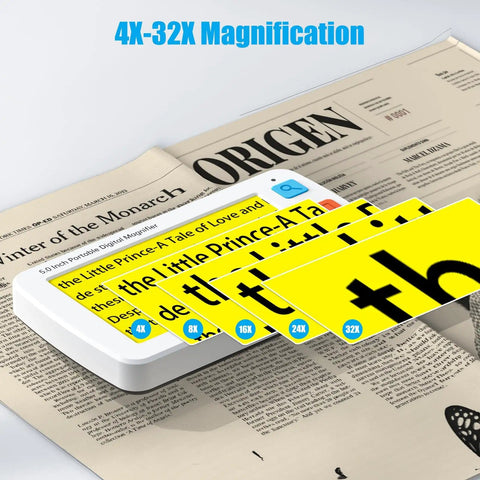 Must Have Portable Digital Magnifier Reading Aid With Foldable Handle 5.0 Inch LCD Screen 4X To 32X Zoom on newspaper text