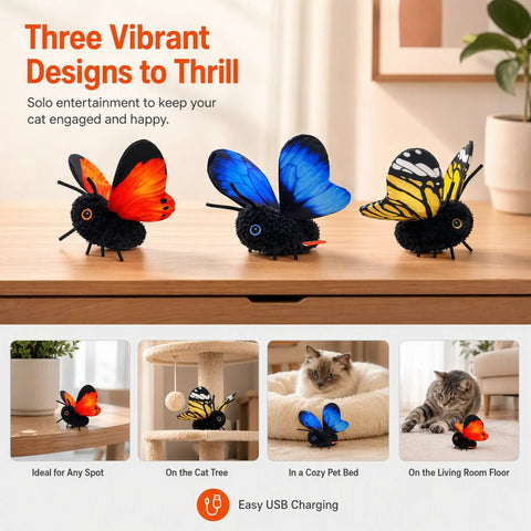 Interactive Butterfly Cat Toy With Smart Sensing For Indoor Cats That Keeps Your Cat Totally Active As Realistic Wings Flap Sensor Activated Motion Triggers Life Like Chasing And Batting For Solo Play While You Handle Tasks, three designs