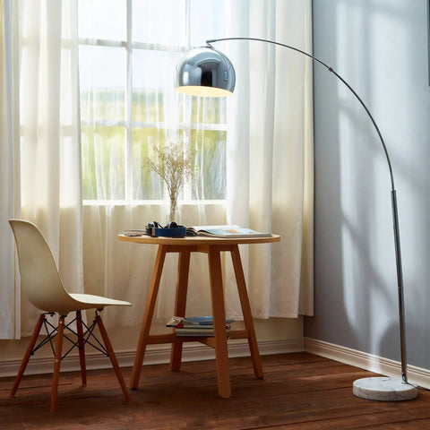 68 Inch Arc Floor Lamp With White Faux Marble Base And Chrome Bell Shade in modern living room setup