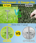 Comparison of Beefy Thickened 8 Gauge Circle Top Landscape Fabric Stakes and regular landscape staples, showing thickness and bend resistance.