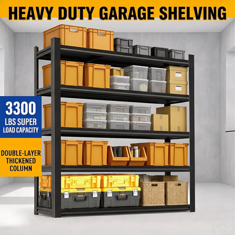 Heavy Duty 5 Tier Garage Shelving Unit With 2500 Pound Capacity supporting storage bins, 72 Inch High, black finish