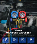 3 Way AC Manifold Gauge Set With 5 Ft Hoses For R134a R12 R502 R22 Automotive AC Service Kit With 29 Degree Adapter Piercing And Self Sealing Can Taps Pro Grade Antishock Gauges And Easy Readout on car AC system