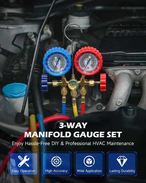 3 Way AC Manifold Gauge Set With 5 Ft Hoses For R134a R12 R502 R22 Automotive AC Service Kit With 29 Degree Adapter Piercing And Self Sealing Can Taps Pro Grade Antishock Gauges And Easy Readout on car AC system