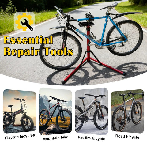 Heavy Duty E Bike Repair Stand With 110 Lbs Capacity holding bike outdoors, Foldable Portable Bicycle Maintenance Rack, Red.