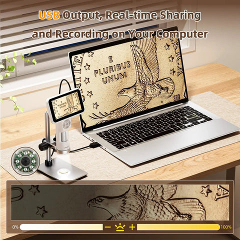 Portable Coin Digital Microscope With 5 Inch IPS Screen Hands On Style For Adults And Kids, Anti Shake Design, 8 LED Illumination, 1080P Video, 1800mAh Battery, PC View, And 7.3 Inch Metal Stand connected to laptop displaying coin close-up