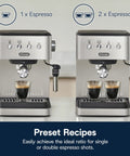 Top Notch Stainless Steel Espresso Machine With Built In Milk Frother For Killer Homemade Lattes And Smooth Cappuccinos Powered By Consistent Nine Bar Pressure And Zero Effort Auto Stop Settings Anytime showing single and double espresso options.