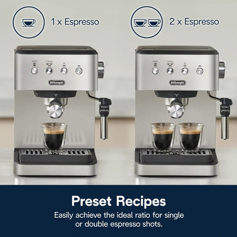 Top Notch Stainless Steel Espresso Machine With Built In Milk Frother For Killer Homemade Lattes And Smooth Cappuccinos Powered By Consistent Nine Bar Pressure And Zero Effort Auto Stop Settings Anytime showing single and double espresso options.