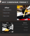 Comparison of oil draining with Heavy Duty Transmission Drain Pan With Three 22 Inch Anti Splash Pads; before and after images