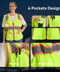 Slim Fit High Visibility Vest For Women With Drawstring Waist Hella Bright Reflective Safety Gear showing 4 pocket design and details.