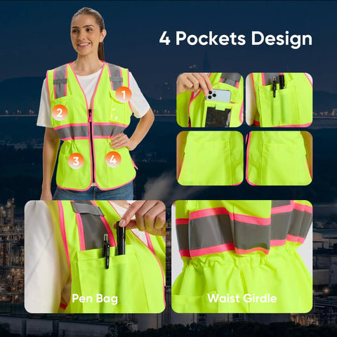 Slim Fit High Visibility Vest For Women With Drawstring Waist Hella Bright Reflective Safety Gear showing 4 pocket design and details.
