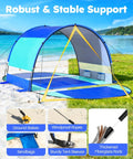 Beach Tent With Double Zippered Doors And Breathable Mesh For Two To Three People shown on a beach with support details