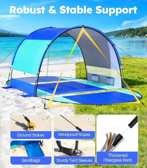 Beach Tent With Double Zippered Doors And Breathable Mesh For Two To Three People shown on a beach with support details