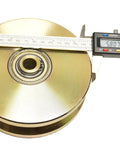 Heavy Duty Six Inch V Groove Gate Roller With Double Ball Bearings For Smooth Gliding Operation Built Tough As Nails Five Thousand Pound Load Capacity Corrosion Resistant Steel Hardware Set showing a close-up with measurement.
