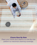Top view of Robot Vacuum With Self Empty Base And 60 Day Bagless Capacity, cleaning a beige carpet with LiDAR navigation pattern.