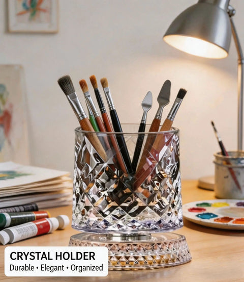 360 Degree Rotating Desk Organizer Cup With Silent Swivel, dual use pencil holder and makeup brush caddy on wooden desk.