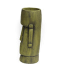 Side view of Outdoor Easter Island Tiki Urn Planter in Antique Green Finish for Patio or Garden, cast stone vase.