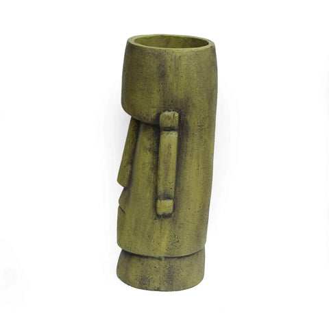 Side view of Outdoor Easter Island Tiki Urn Planter in Antique Green Finish for Patio or Garden, cast stone vase.