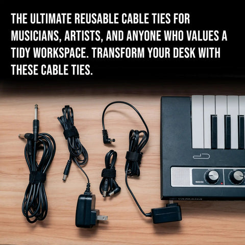 Reusable 6 Inch Hook and Loop Cable Ties for Cable Management securing cords next to an electronic piano keyboard