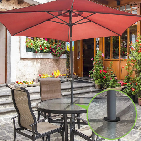 Patio Table Umbrella Hole Wedge Plugs And Stabilizer Sleeve Set For Two To Two And A Half Inch Table Holes And One And A Half Inch Umbrella Poles Cone Ring Stabilizer Black Two Pack in use on outdoor glass table setup