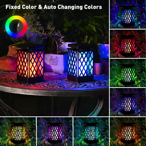 Multicolor Outdoor Solar Lanterns Pack Of 2 Waterproof Hanging Lights with 9 Modes and Flickering Flame on table and garden