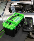 Dual Tool Box Set With 19 Inch And 12.5 Inch Plastic Portable Boxes, open compartments, tools in organizer tray, atop workbench