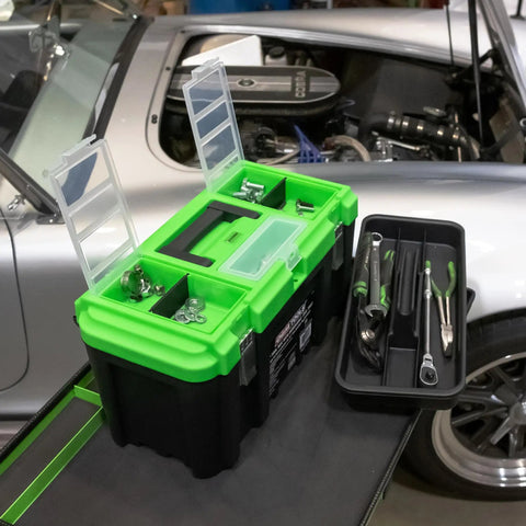 Dual Tool Box Set With 19 Inch And 12.5 Inch Plastic Portable Boxes, open compartments, tools in organizer tray, atop workbench