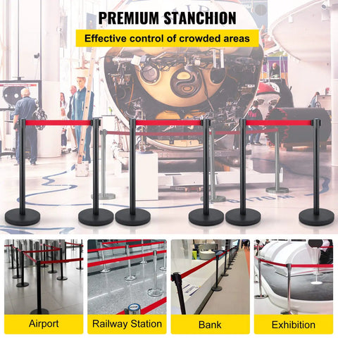 Six Piece Crowd Control Stanchion Set With 6.6 Feet Red Retractable Belt Rubber Base Easy Connect Assembly shown in various venues