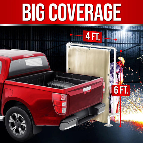 Heavy Duty Fiberglass Welding Blanket 4ft by 6ft, 850GSM Fireproof Pro Grade Heat Shield with brass grommets behind red truck