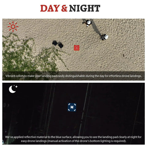 Day and night views of Nighttime Reflective Drone Landing Pad on sand with vibrant colors and reflective material for visibility.
