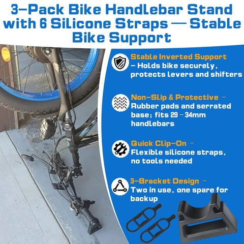 Three Pack Bike Handlebar Stand with Quick Release Brackets and Six Silicone Straps for 29 to 34mm Grips with inverted support.