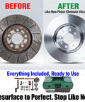 Brake Drum And Disc Lathe With Auto Feed And Led Light, Dual Spindles, 110V 1100W Pro Grade Vehicle Hub Repair Machine showcasing before and after results on brake disc, with included tool kit.