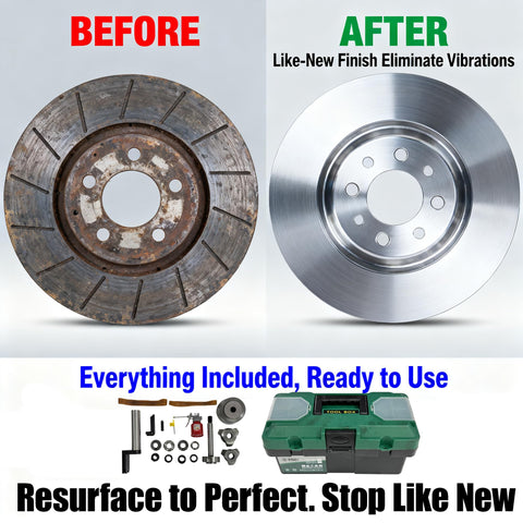 Brake Drum And Disc Lathe With Auto Feed And Led Light, Dual Spindles, 110V 1100W Pro Grade Vehicle Hub Repair Machine showcasing before and after results on brake disc, with included tool kit.