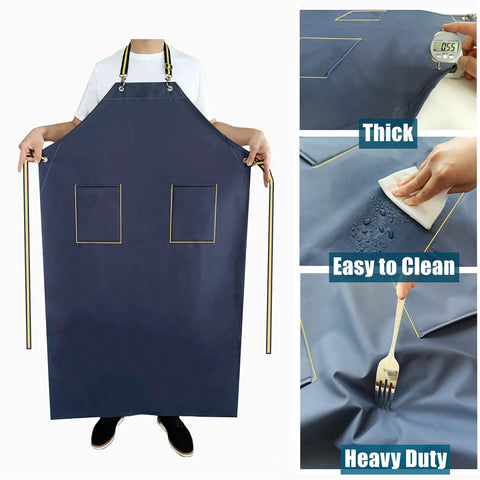 Heavy Duty Waterproof Rubber Apron With Pockets For Dishwashing And Restaurant Use 47 Inch Adjustable Neck Strap Chemical Resistant